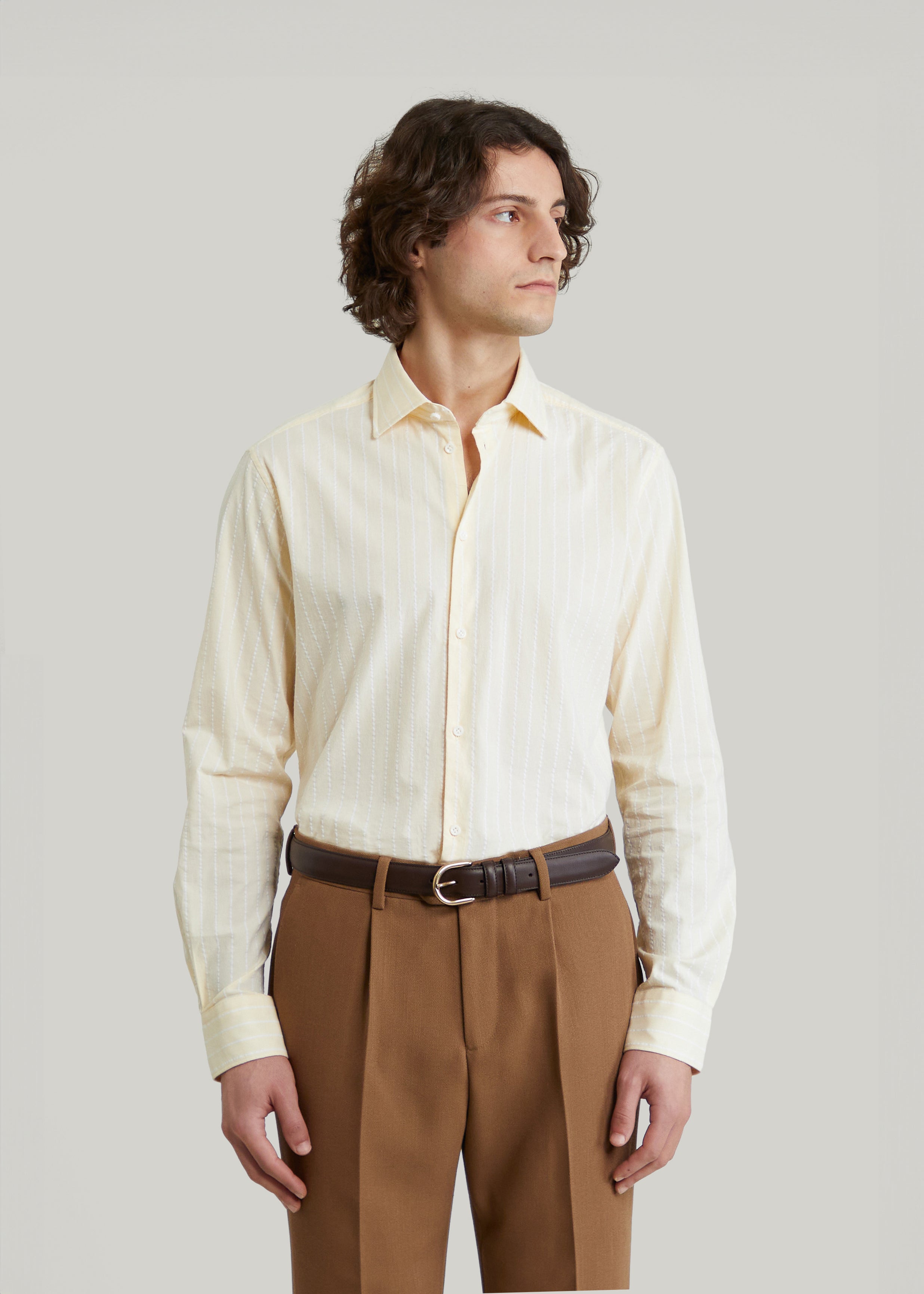 Chemise Volpaia jaune a rayures en coton leger Bonnegueule