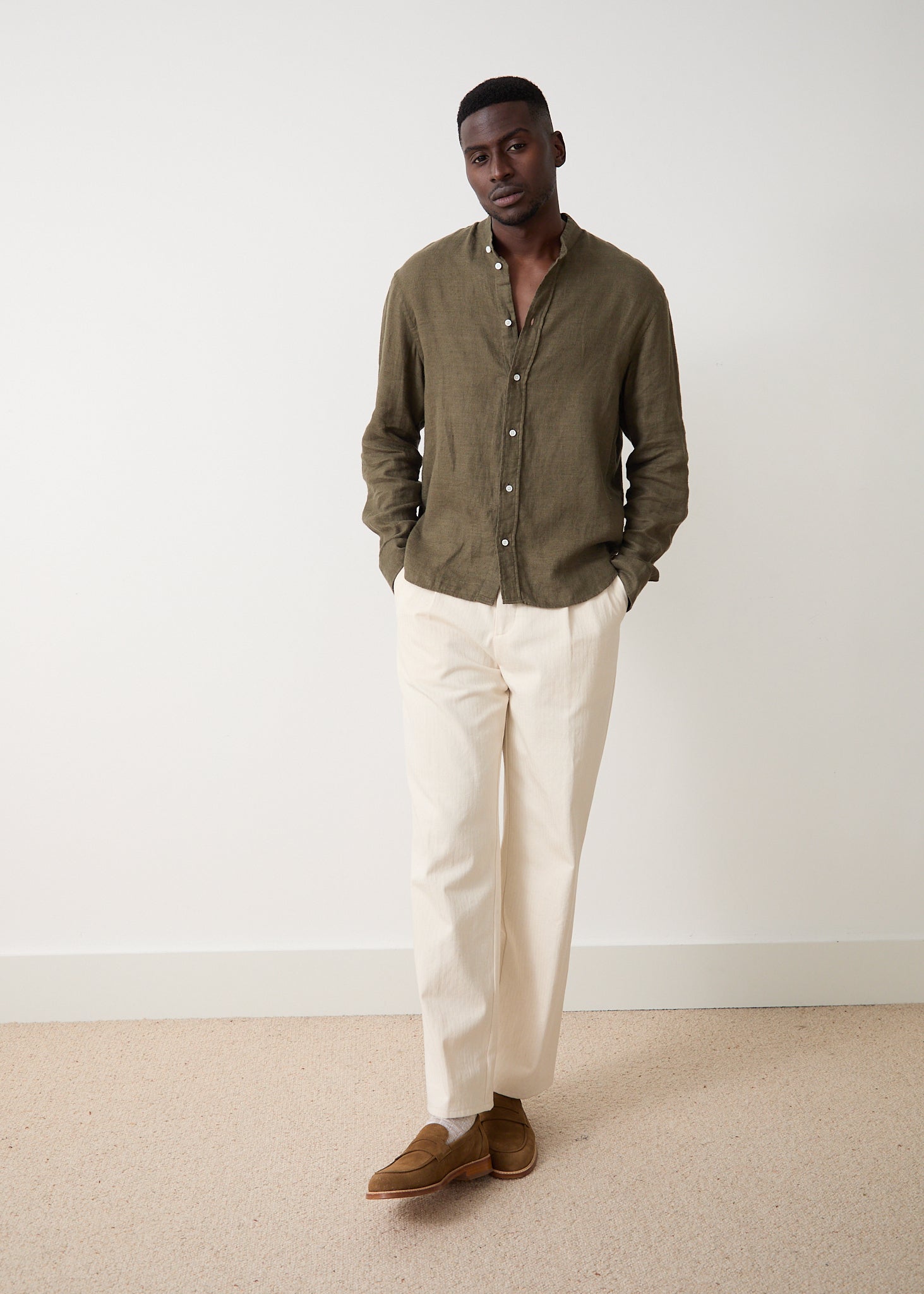 Arles Mandarin Collar Kaki Shirt